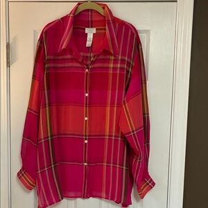 Liz Claiborne Woman Hot Pink Plaid Sheer Shirt 3X